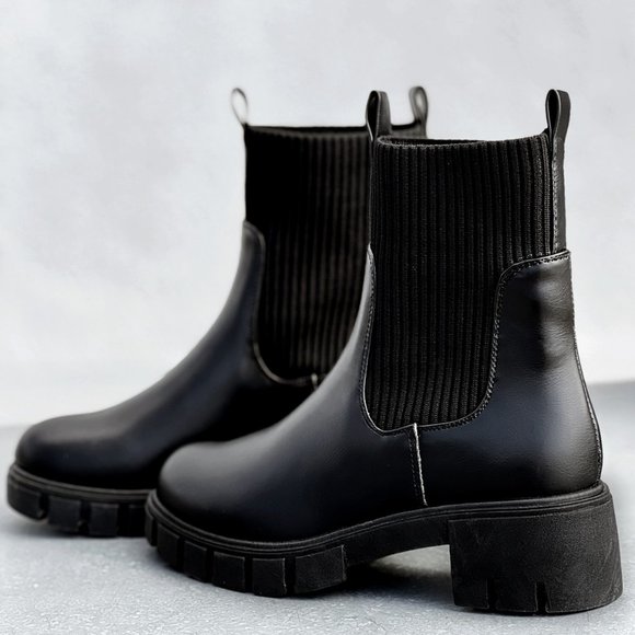 NEW Black Chunky Lug Sole Platform Elastic Cute Ankle Sock Boots Chelsea Bootie - Picture 6 of 12